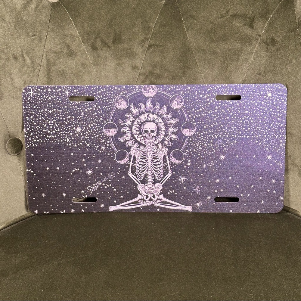Celestial Yoga Pose Skeleton Front Car Plate Black and White Moon Phase‎